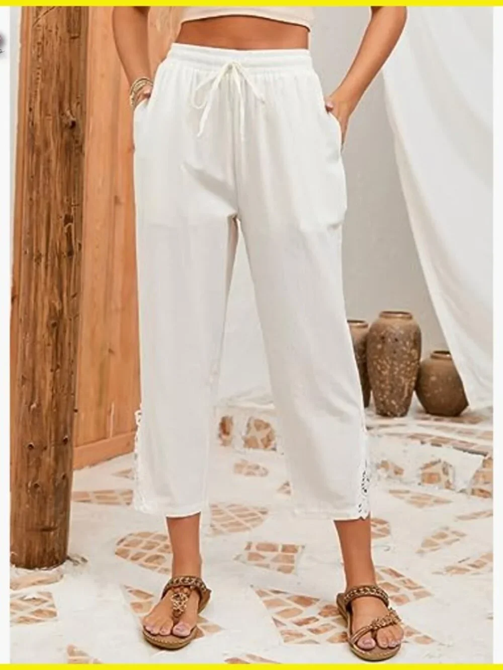 Casual Lightweight Cotton Capri Pants with Drawstring Waist and Lace Detail